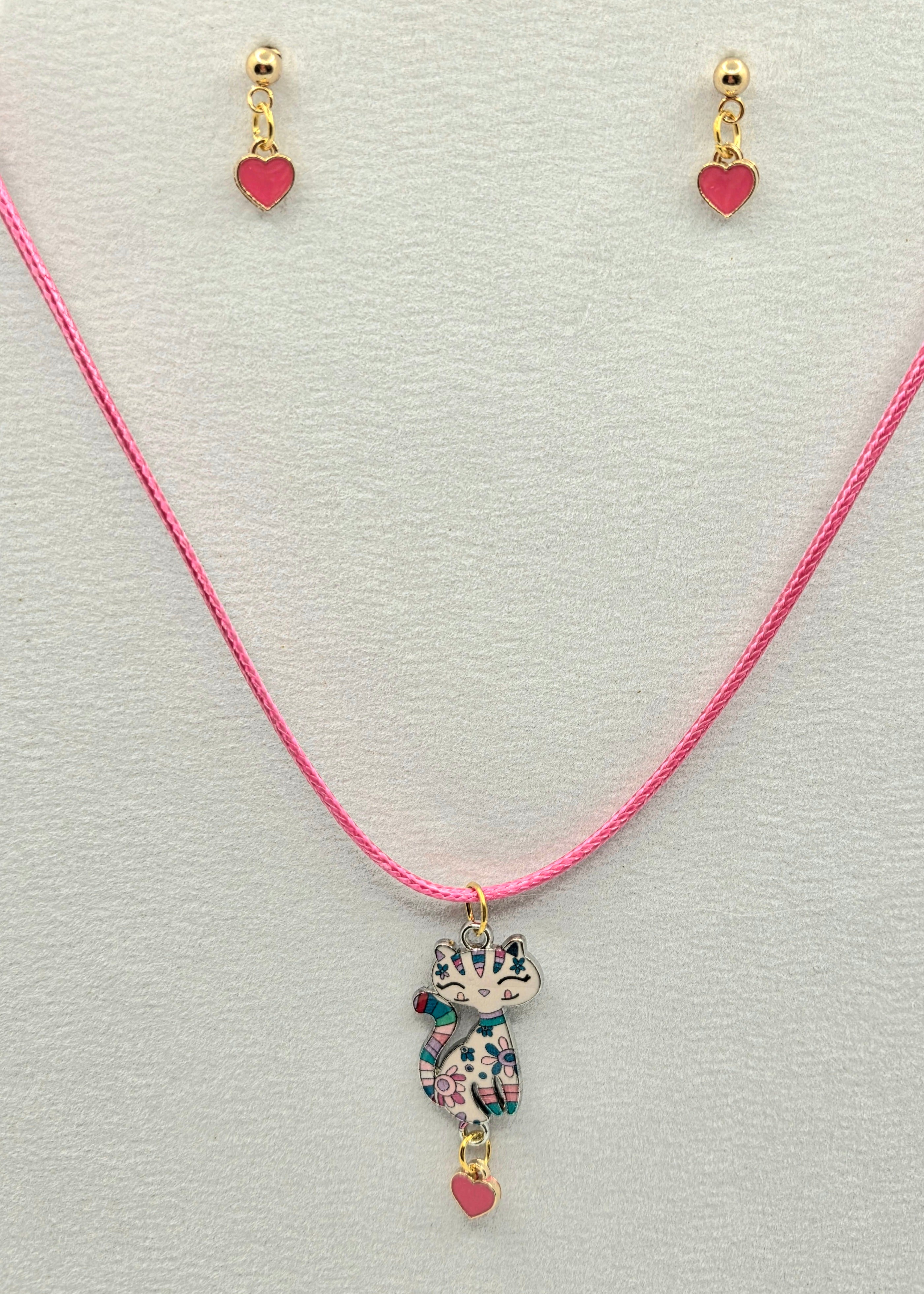 JUST FOR FUN BUNDLE: Pink Cartoon Kitty Necklace & Earrings Set