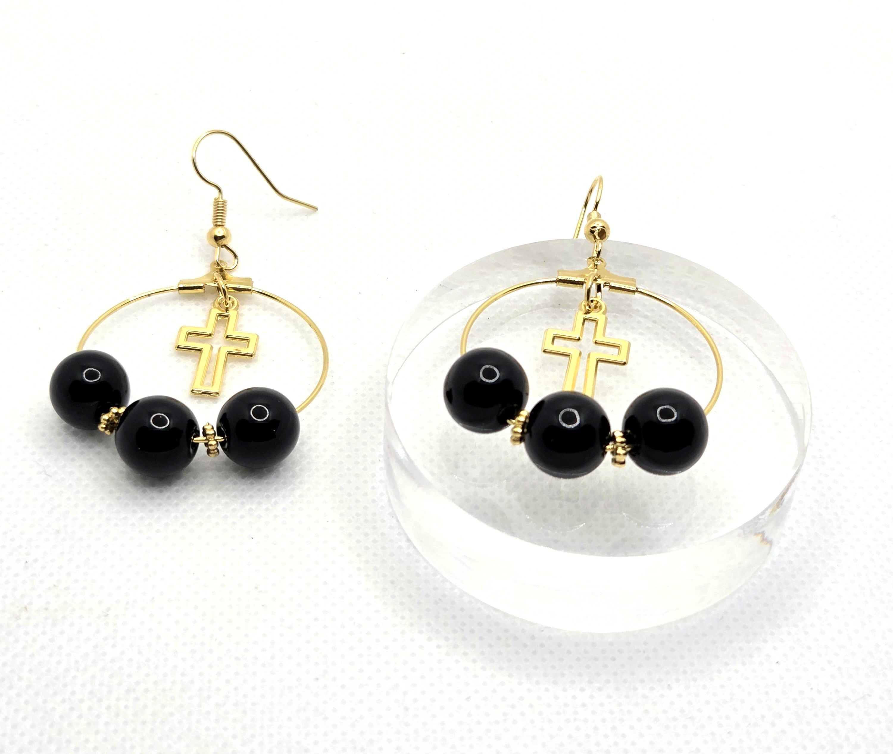 Handmade Faith-Based Gold Hoop Earrings with Black Beads & Cross Dangle