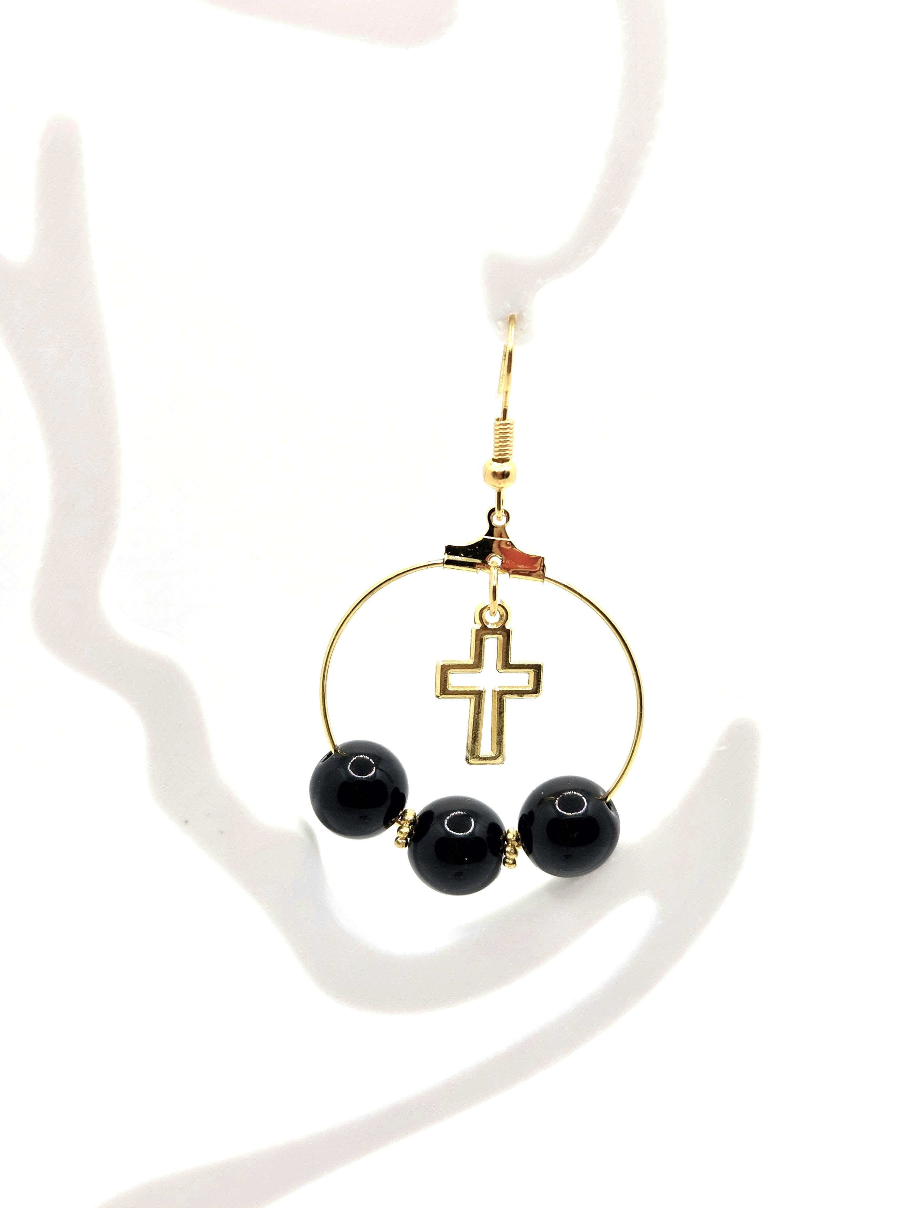 Handmade Faith-Based Gold Hoop Earrings with Black Beads & Cross Dangle