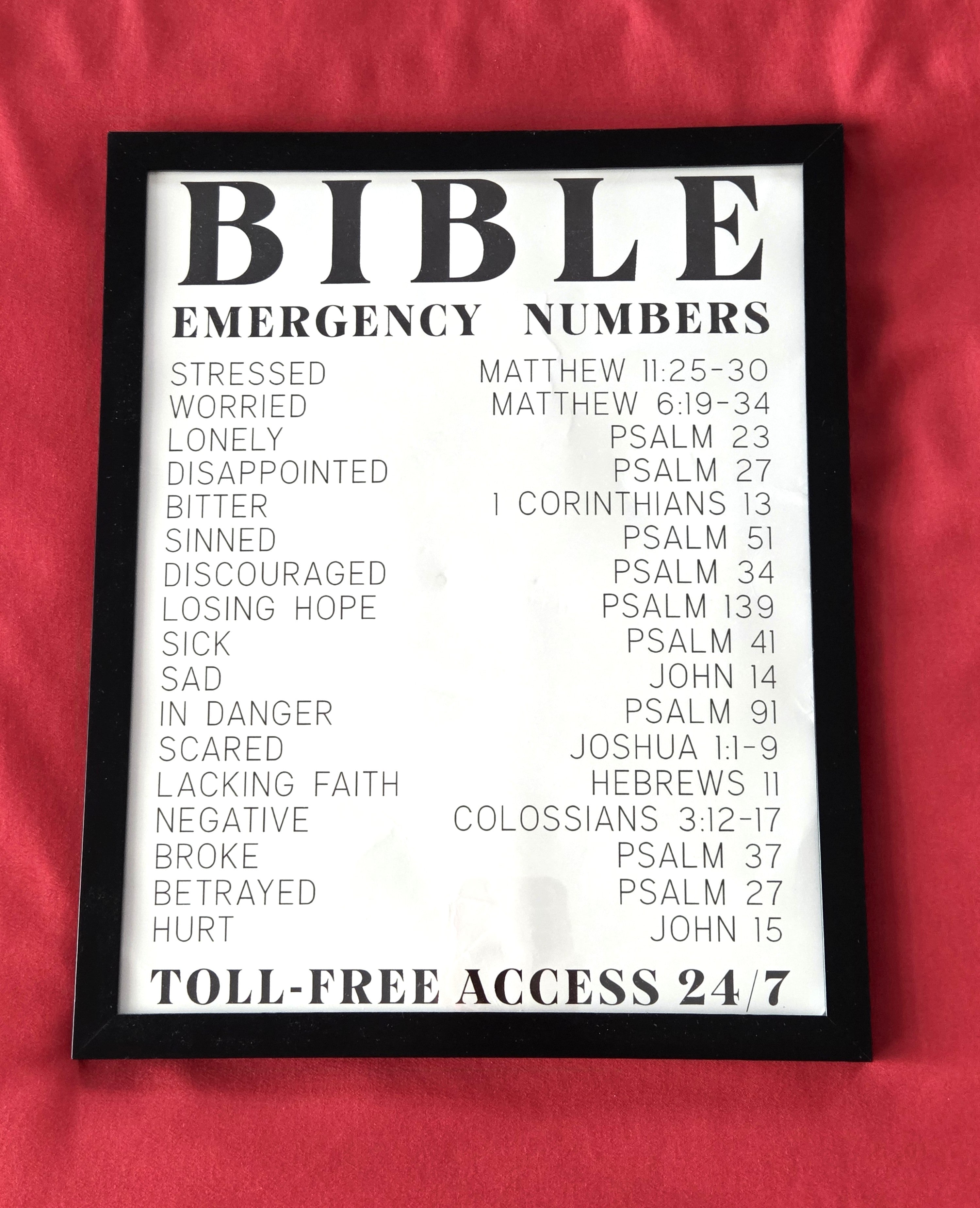 Bible Emergency Numbers Framed Art – Divine Drop Collection (Clearance)
