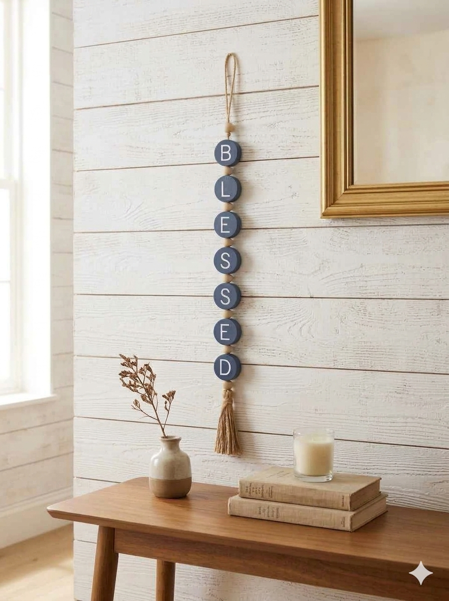 Faith-Based "Blessed" Wood Block Beaded Wall Hanging