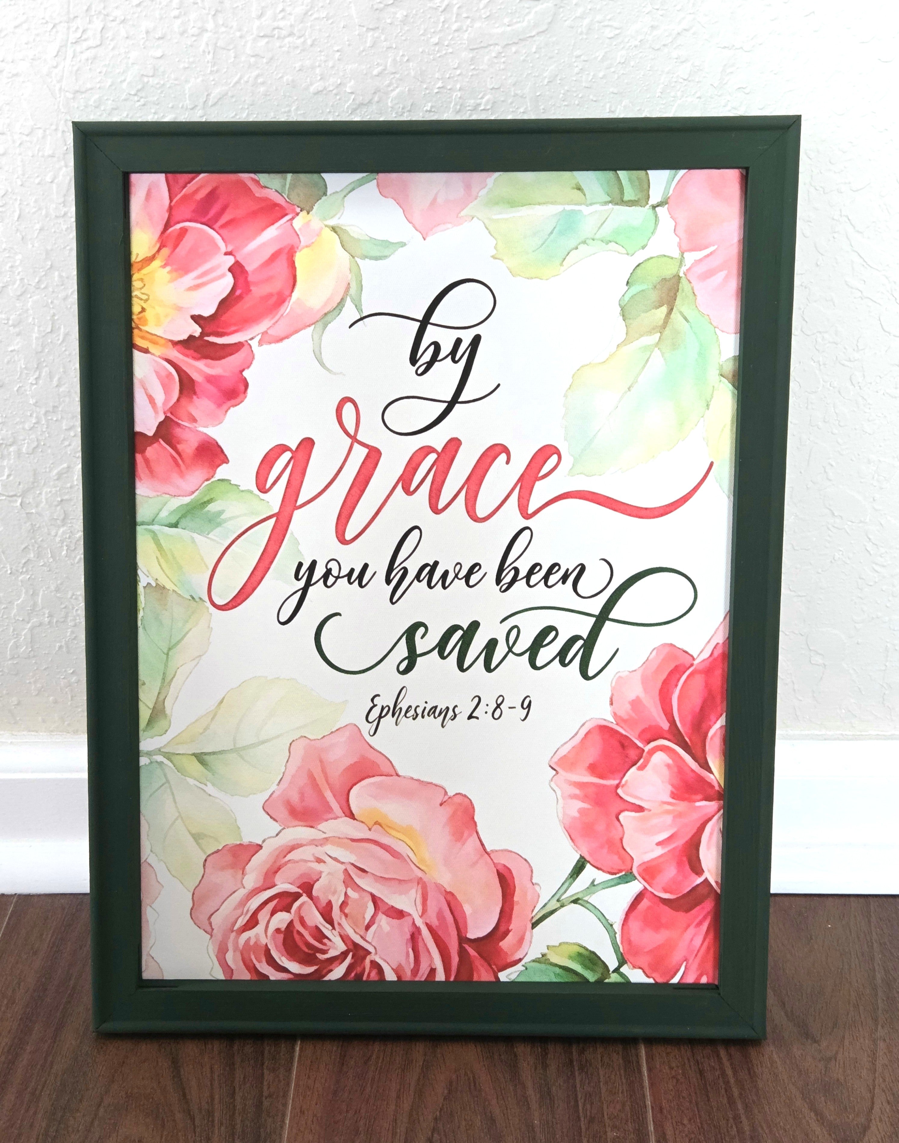 By Grace Alone Floral Framed Canvas Painting – Journey with Jesus Collection