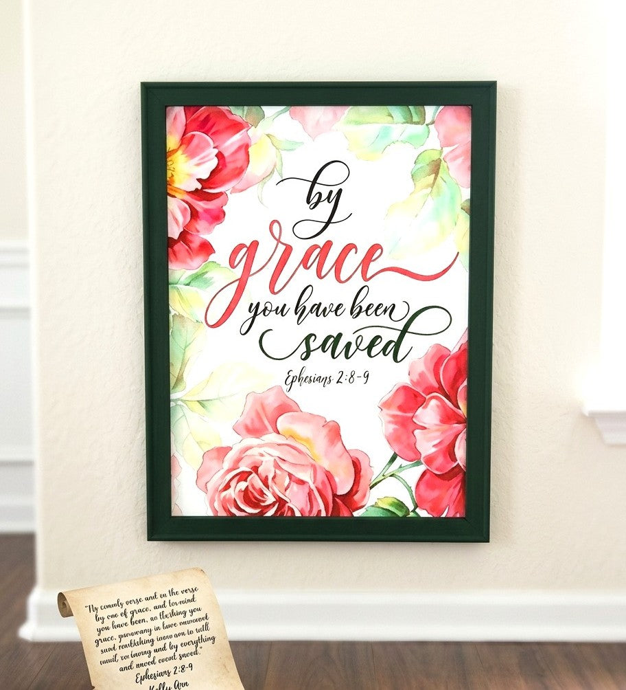 By Grace Alone Floral Framed Canvas Painting – Journey with Jesus Collection