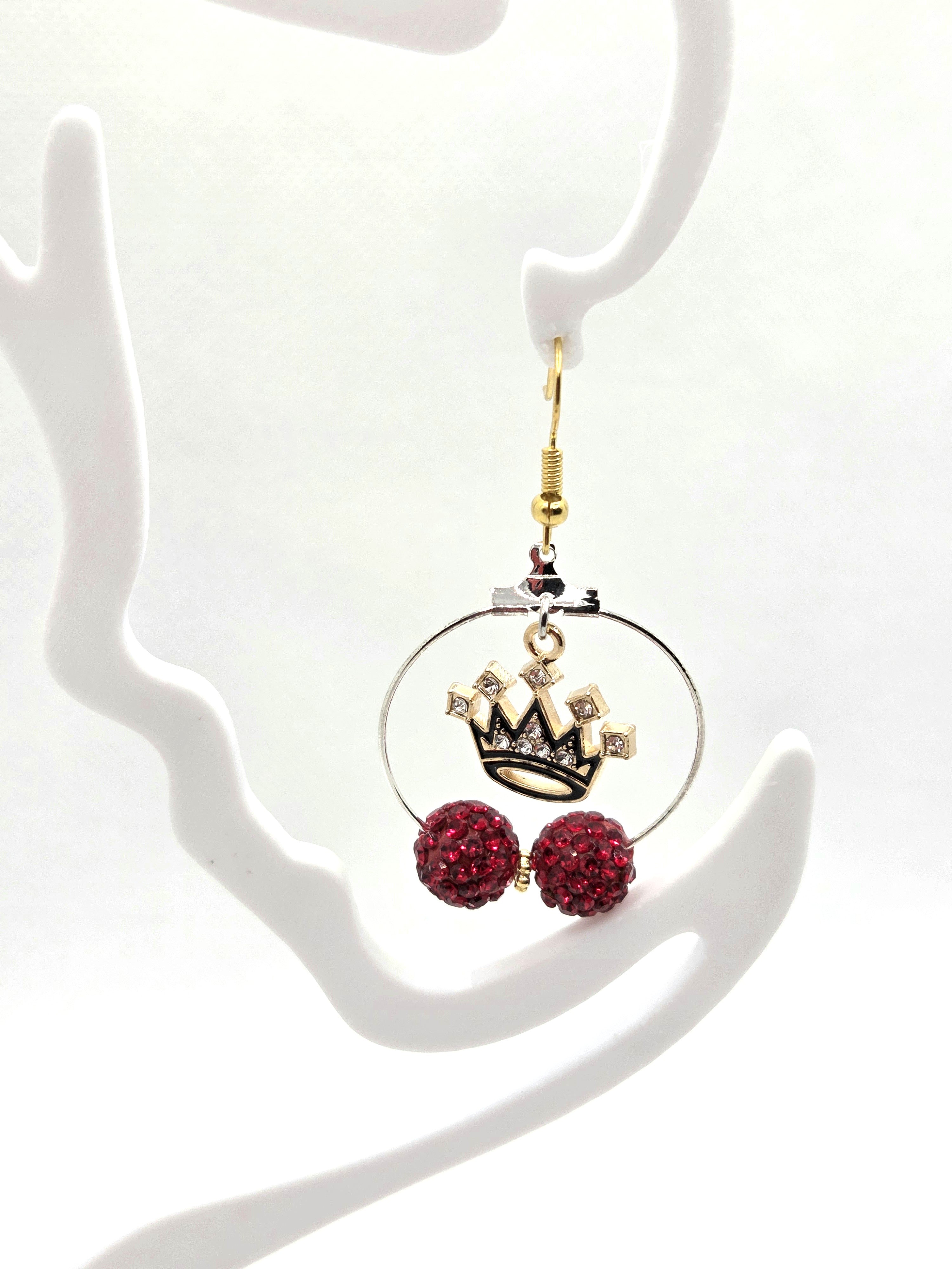 Handmade Faith-Based Gold Hoop Earrings with Glittery Red Beads & Crown Dangle
