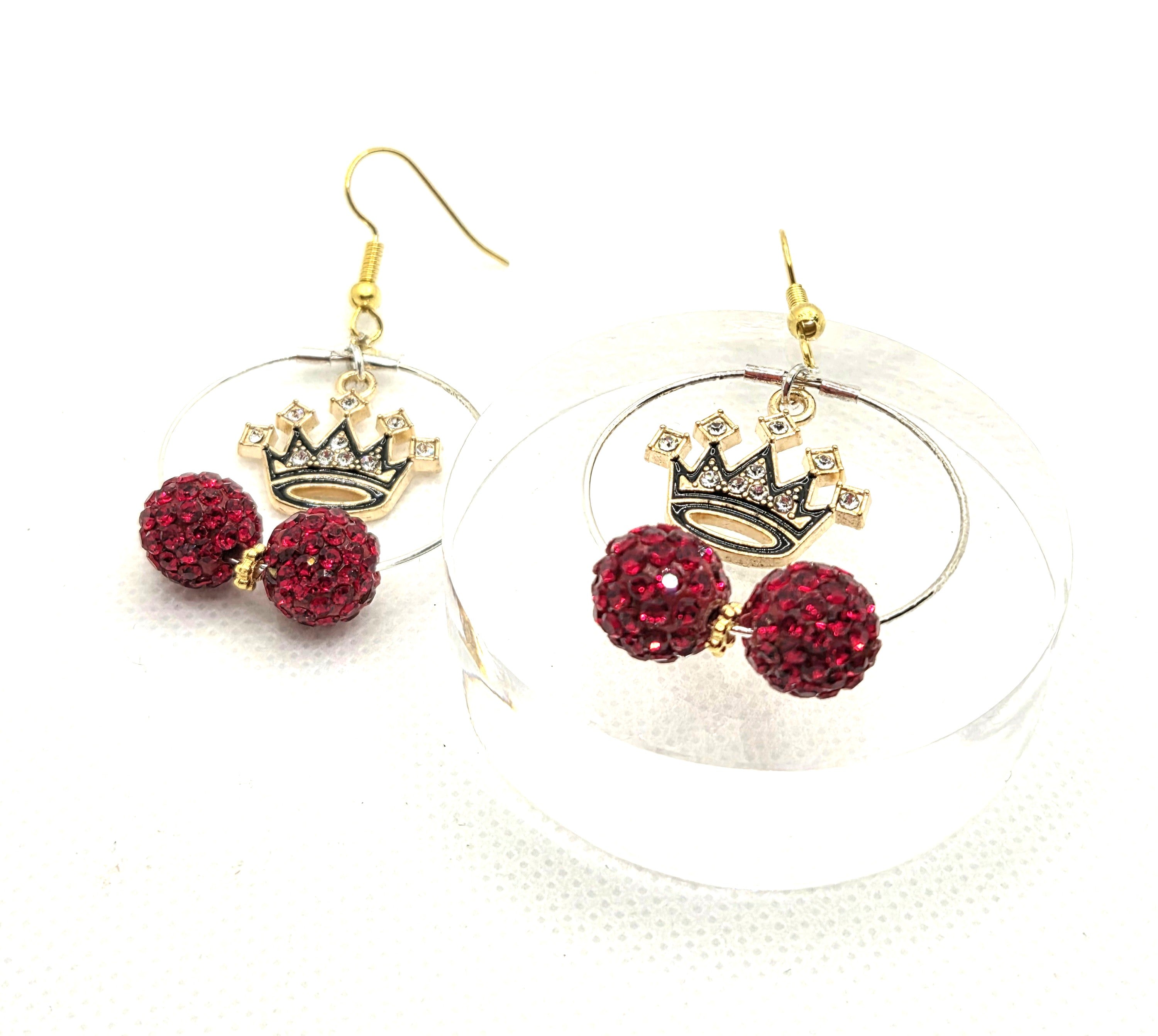 Handmade Faith-Based Gold Hoop Earrings with Glittery Red Beads & Crown Dangle
