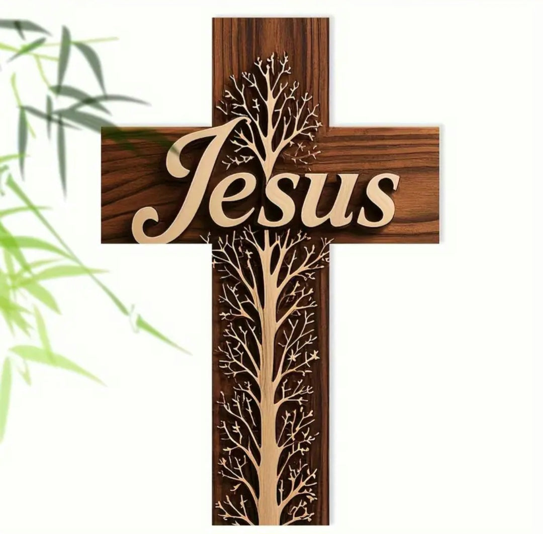 "Jesus" Tree of Life 2D Faux-3D Wall Cross – Divine Drop Collection