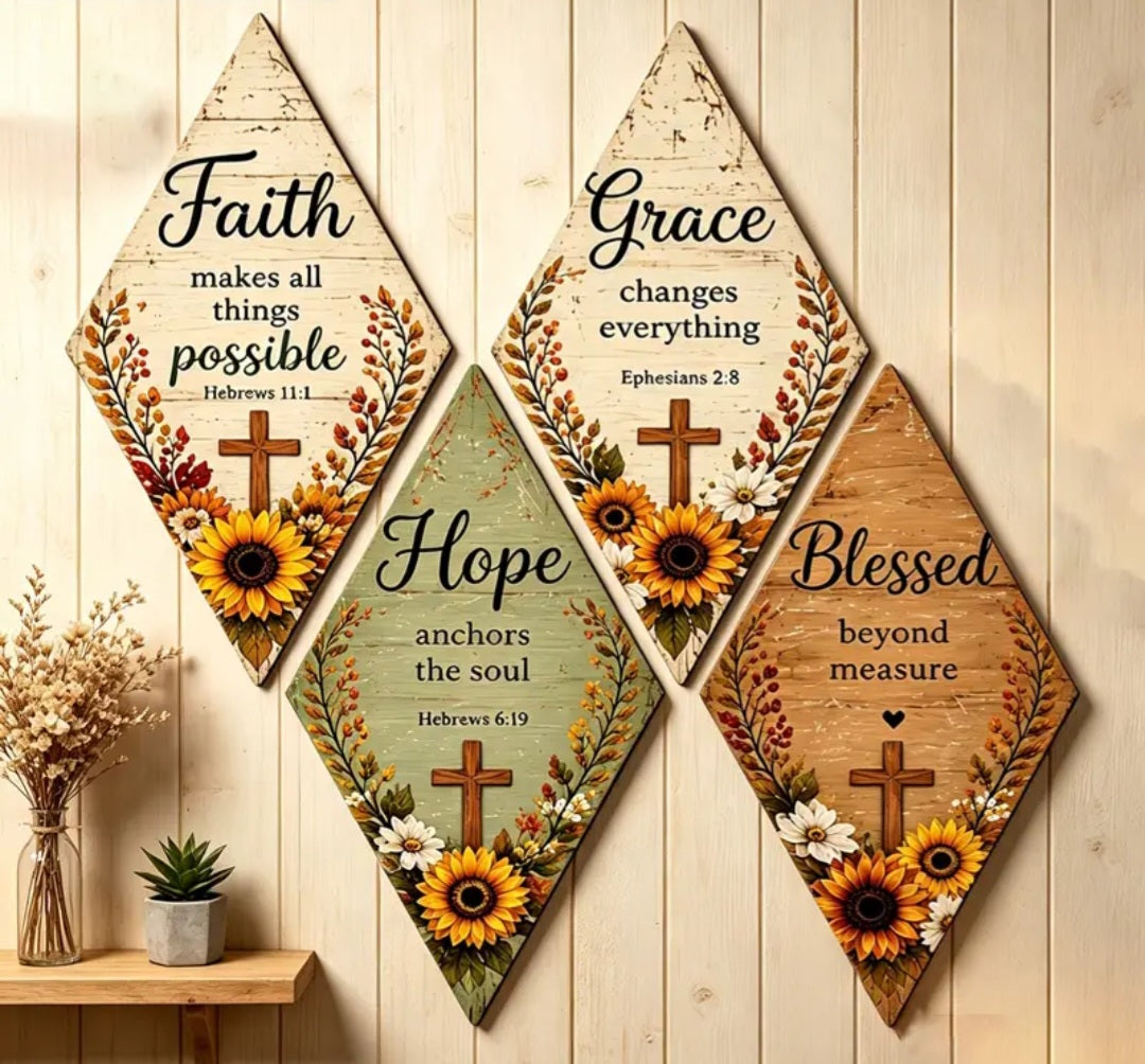 Sunflower & Scripture Rhombus Wood Plaques (4 options)