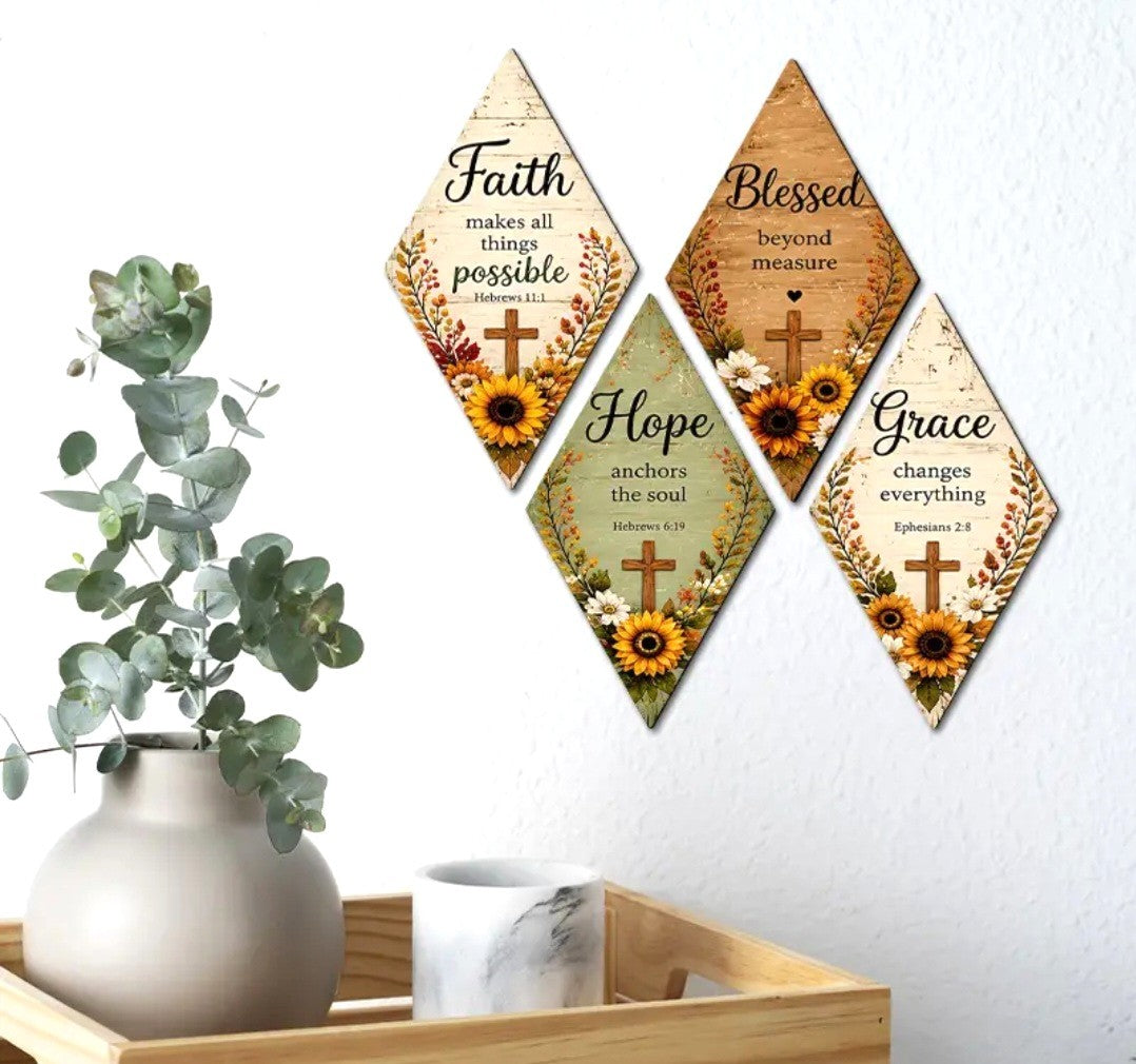 Sunflower & Scripture Rhombus Wood Plaques (4 options)
