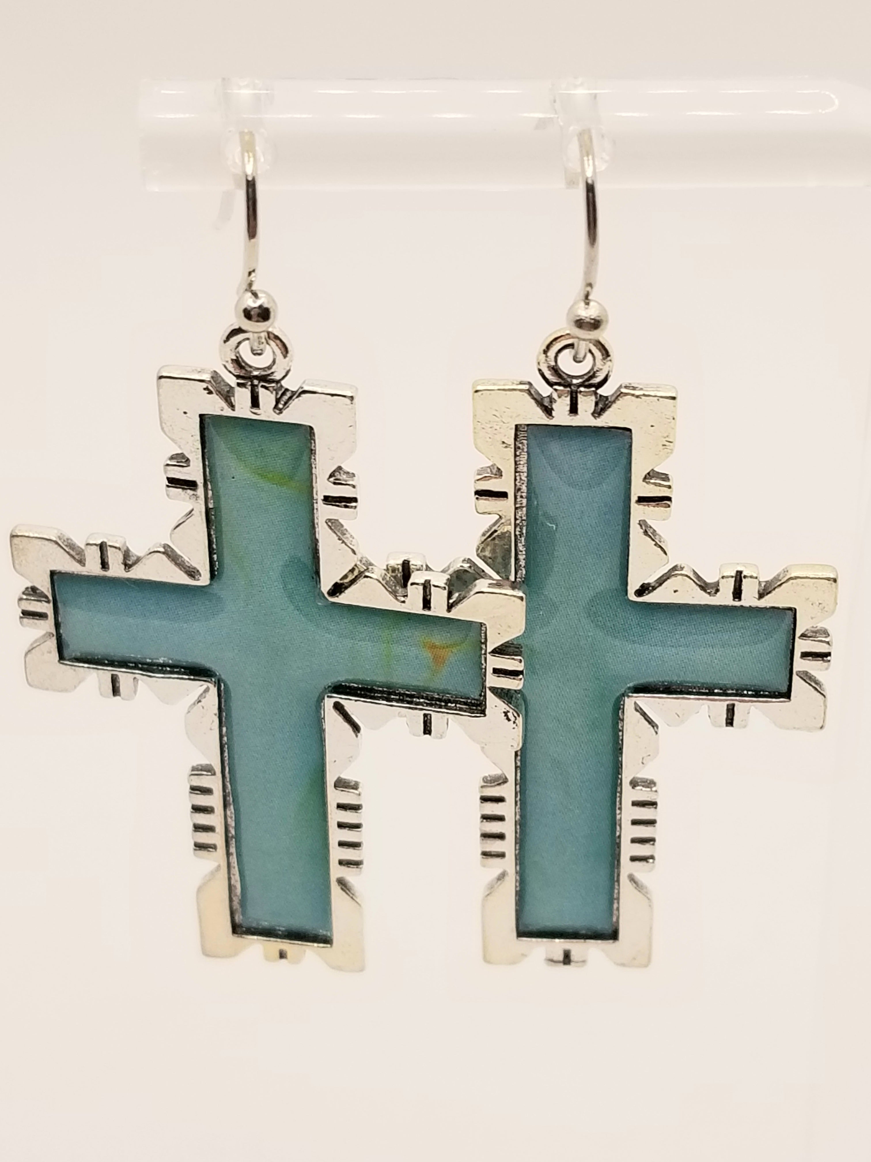 Chic Turquoise Cross with Silver Tone Etched Earrings (Faith-based)