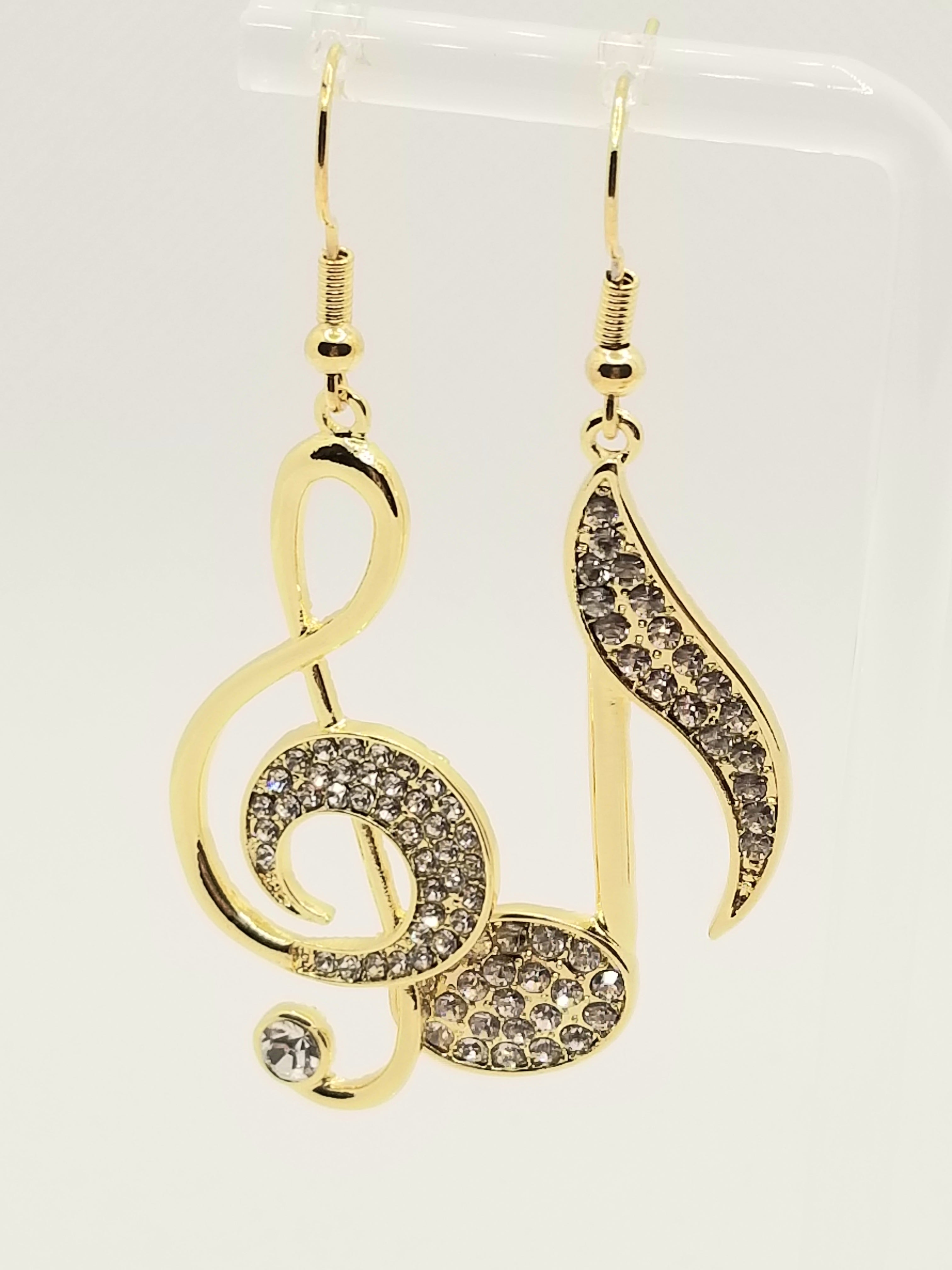 Glittery Gold Tone Musical Notes with Rhinestones Earrings