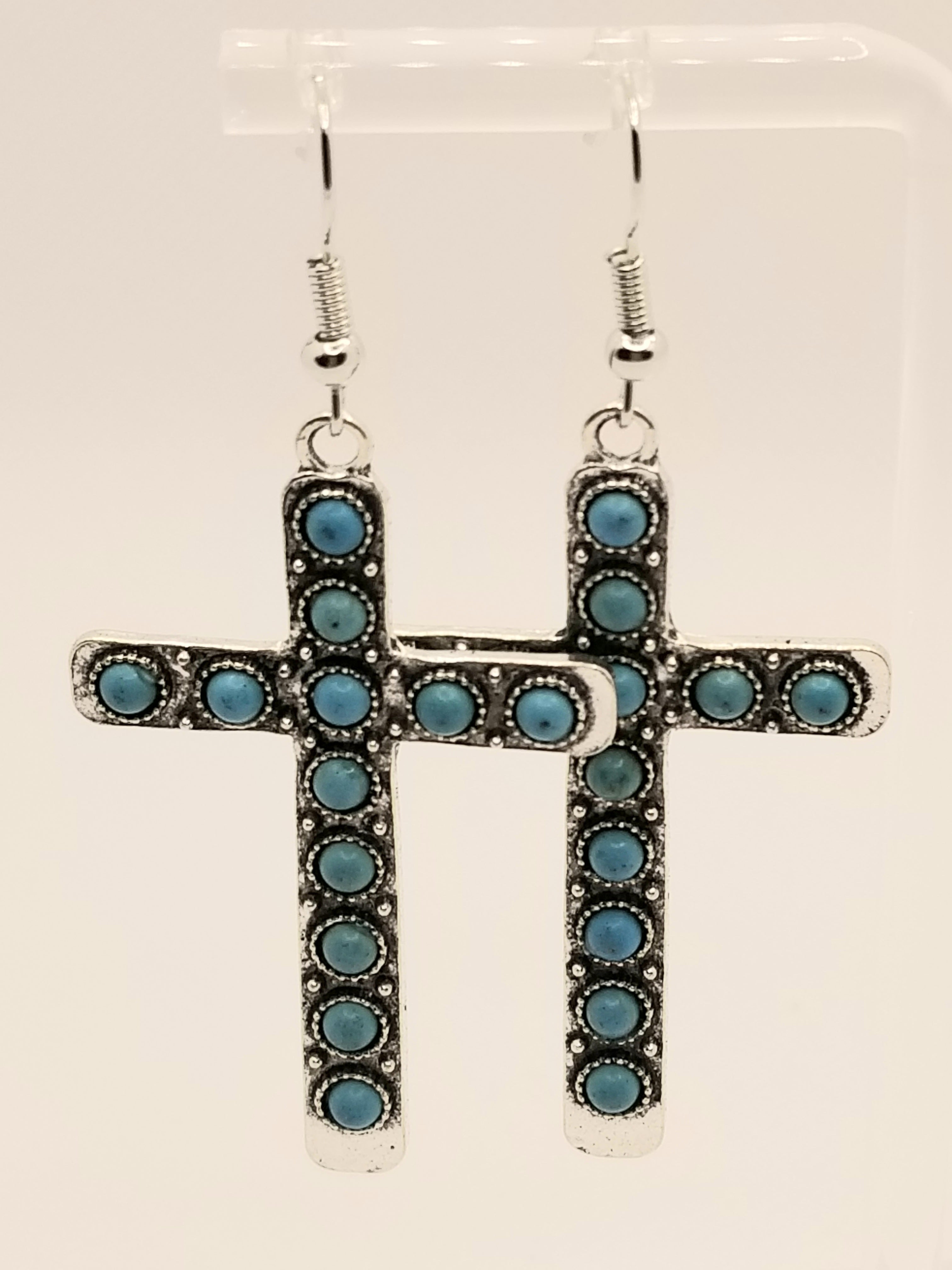 Silver Tone Vintage Dotted Turquoise Cross Earrings (Faith-based)