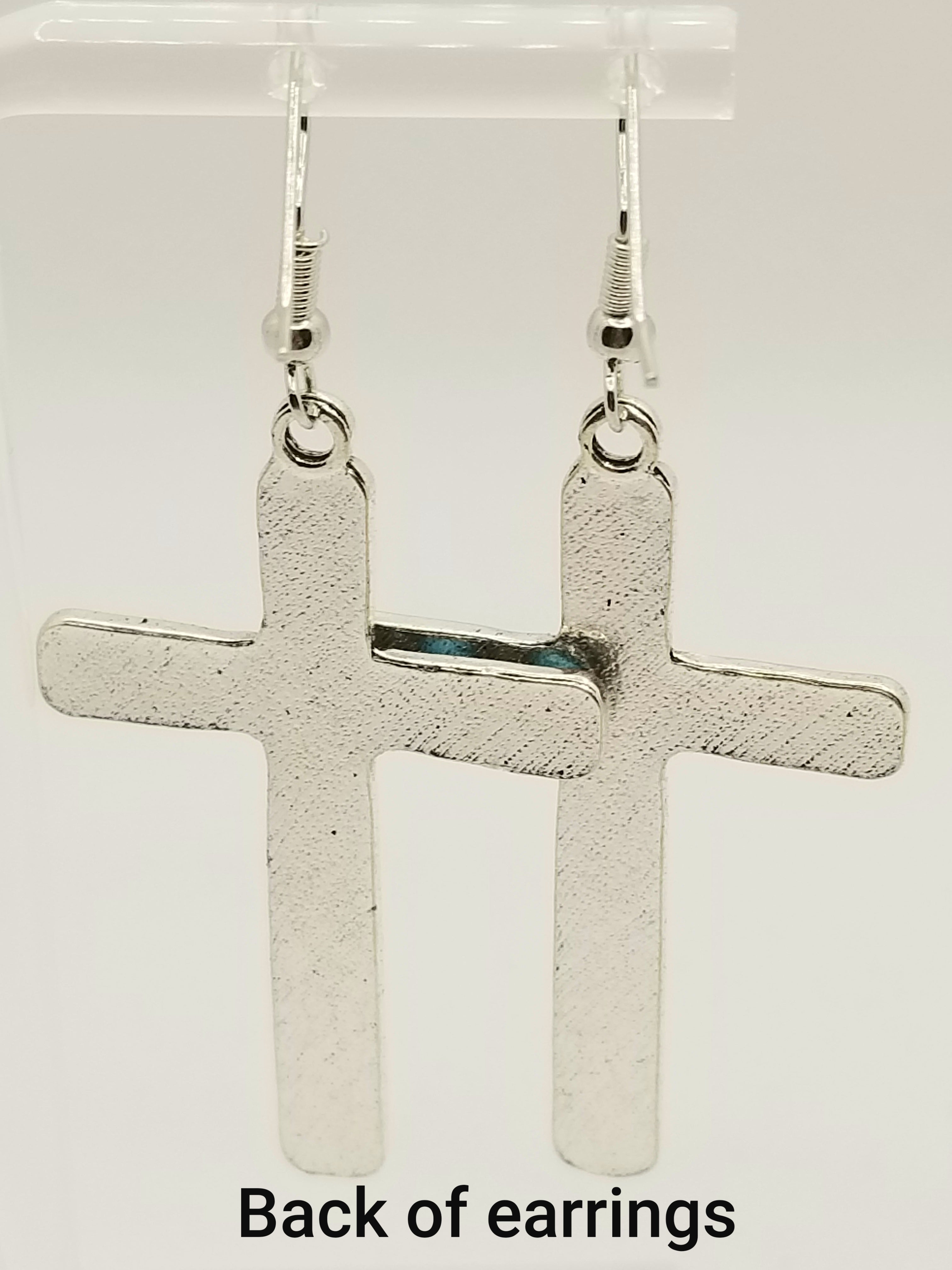 Silver Tone Vintage Dotted Turquoise Cross Earrings (Faith-based)