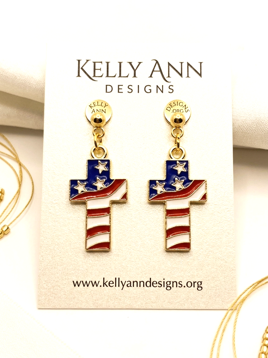 Gold Tone USA Flag Colored Cross Earrings (faith-based)