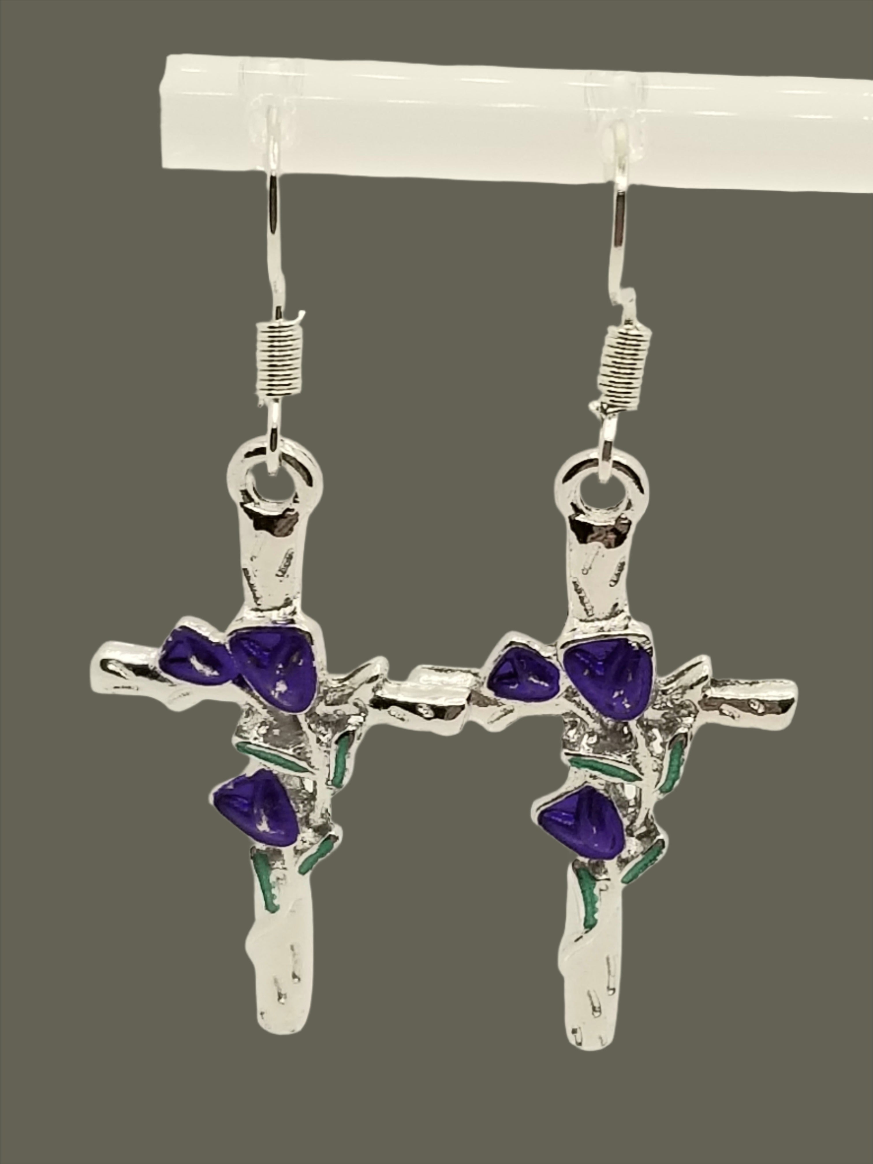 Silver Tone Crosses with Purple Tulips Earrings (faith-based)