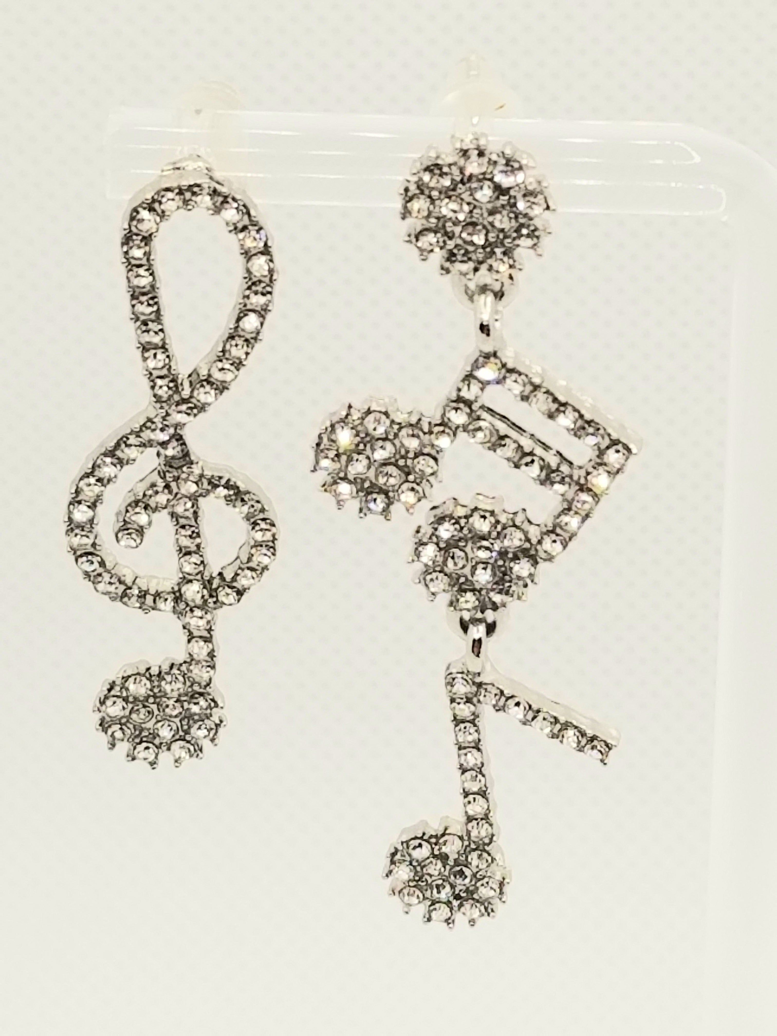 Glittery Silver Tone Musical Notes with Rhinestones Earrings (faith-based)