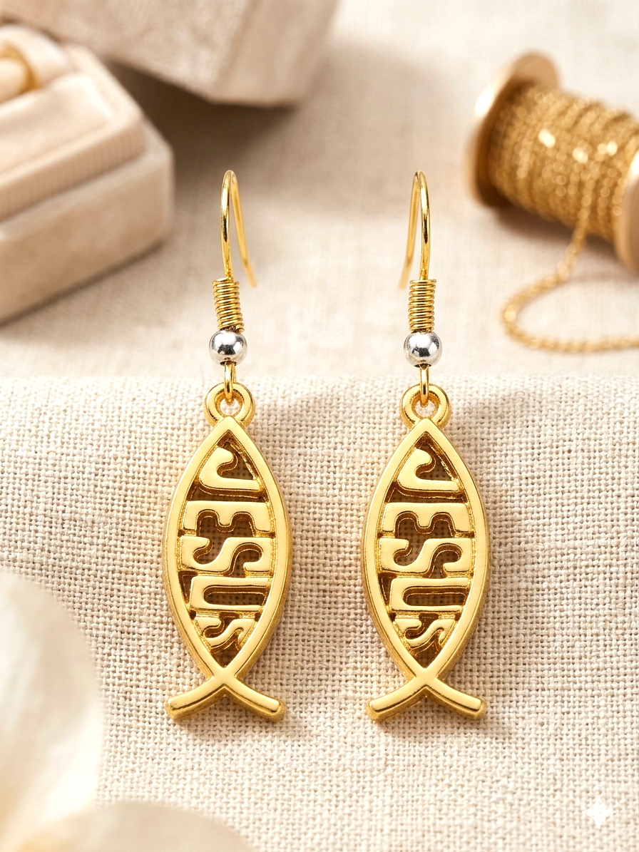 Gold Tone Ichthus Fish Jesus Earrings (faith-based)