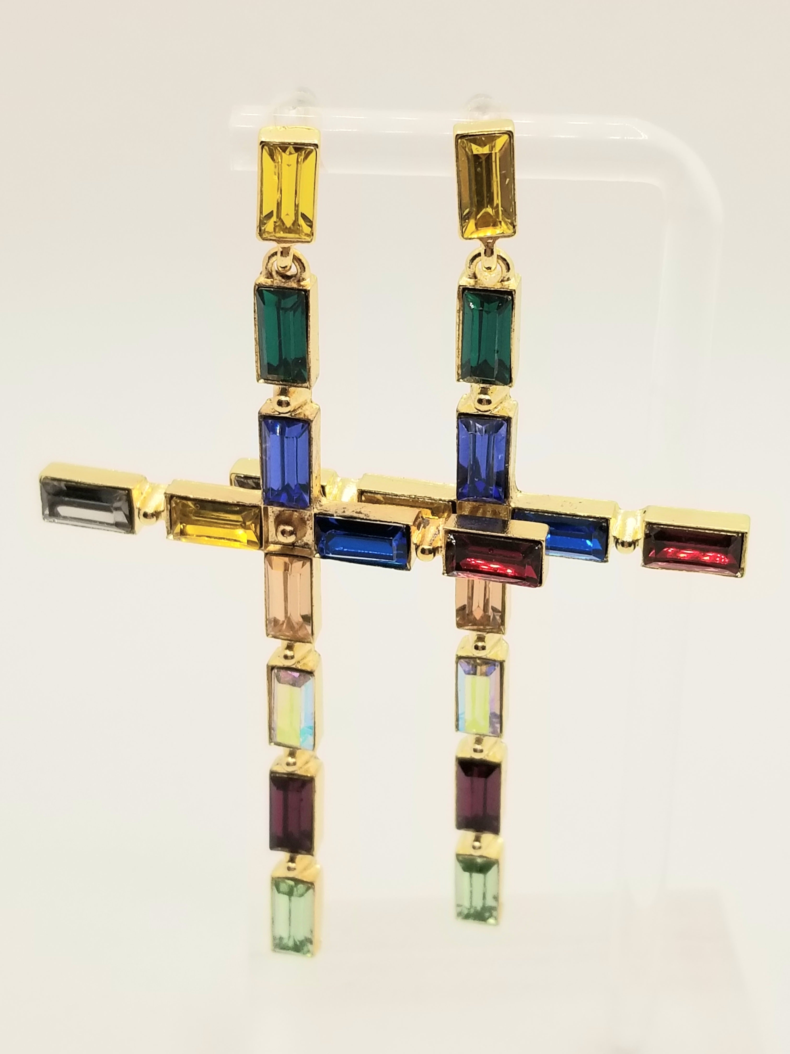 Multicolored Rhinestone Large Cross Earrings (faith-based)