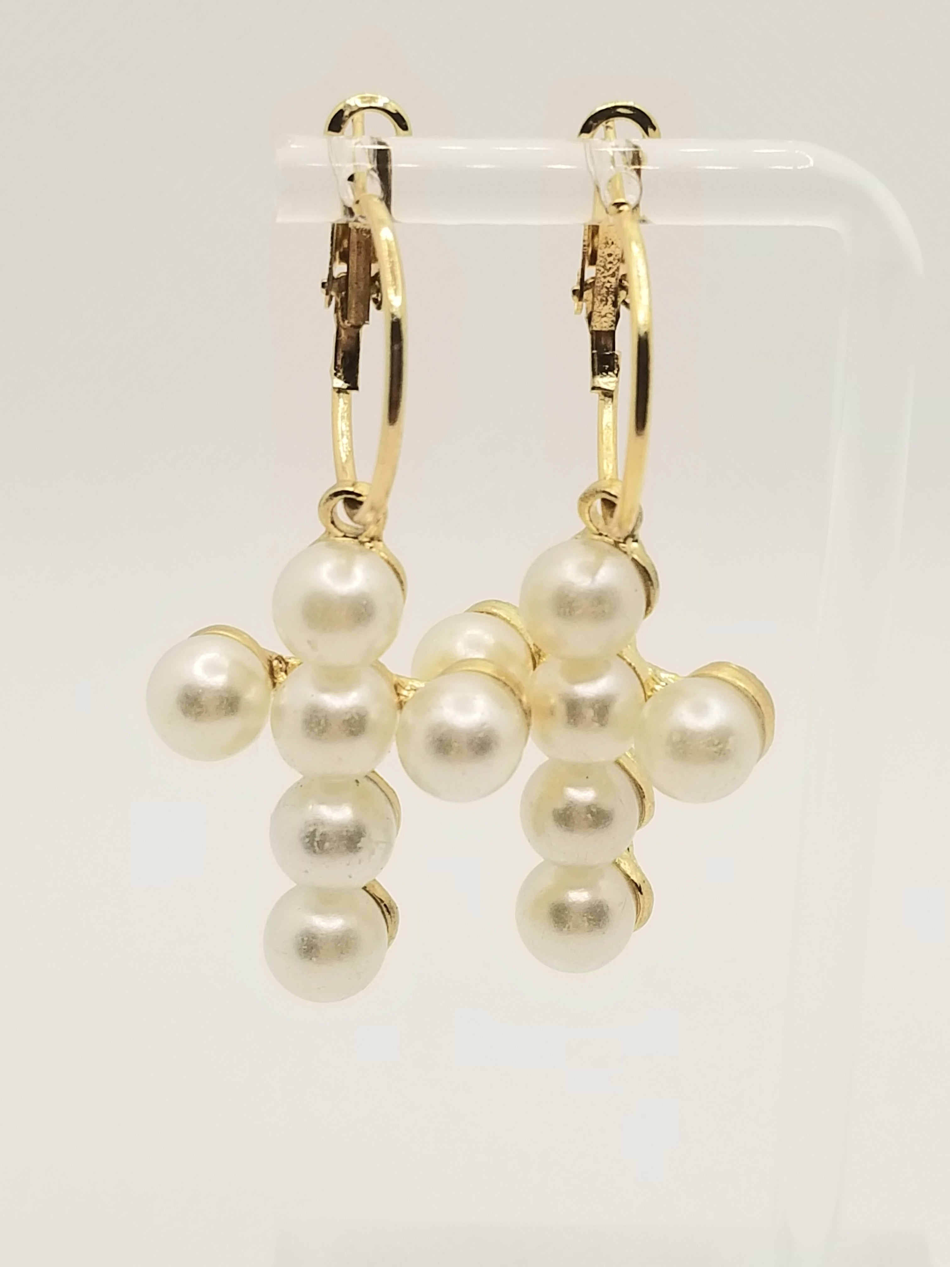 Gold Tone Cross Faux Pearl Earrings (faith-based)