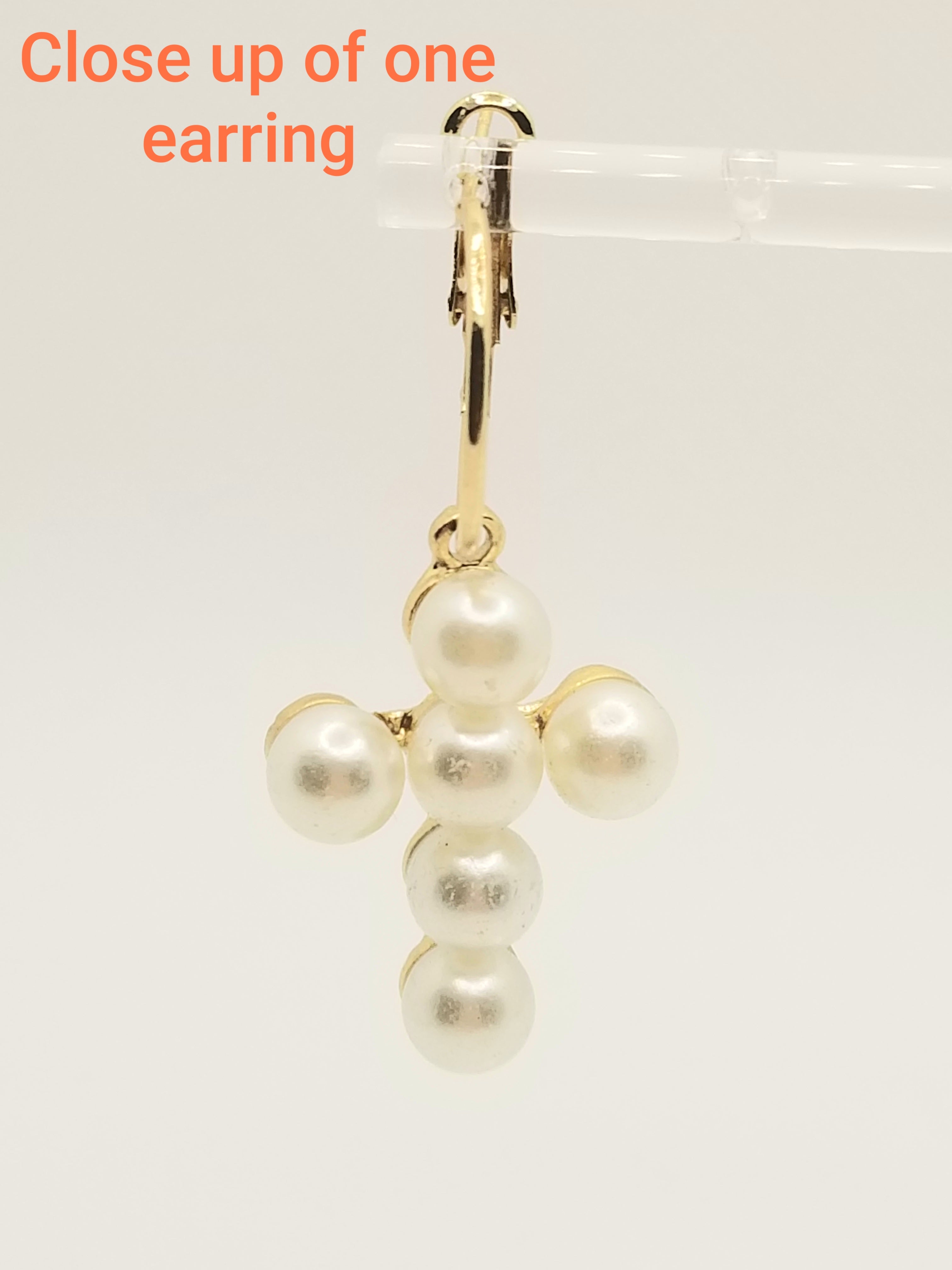 Gold Tone Cross Faux Pearl Earrings (faith-based)