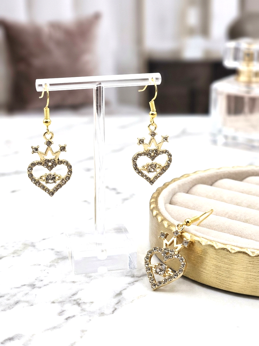Lustrous Rhinestone Hearts Topped With A Royal Crown Earrings (faith-based)