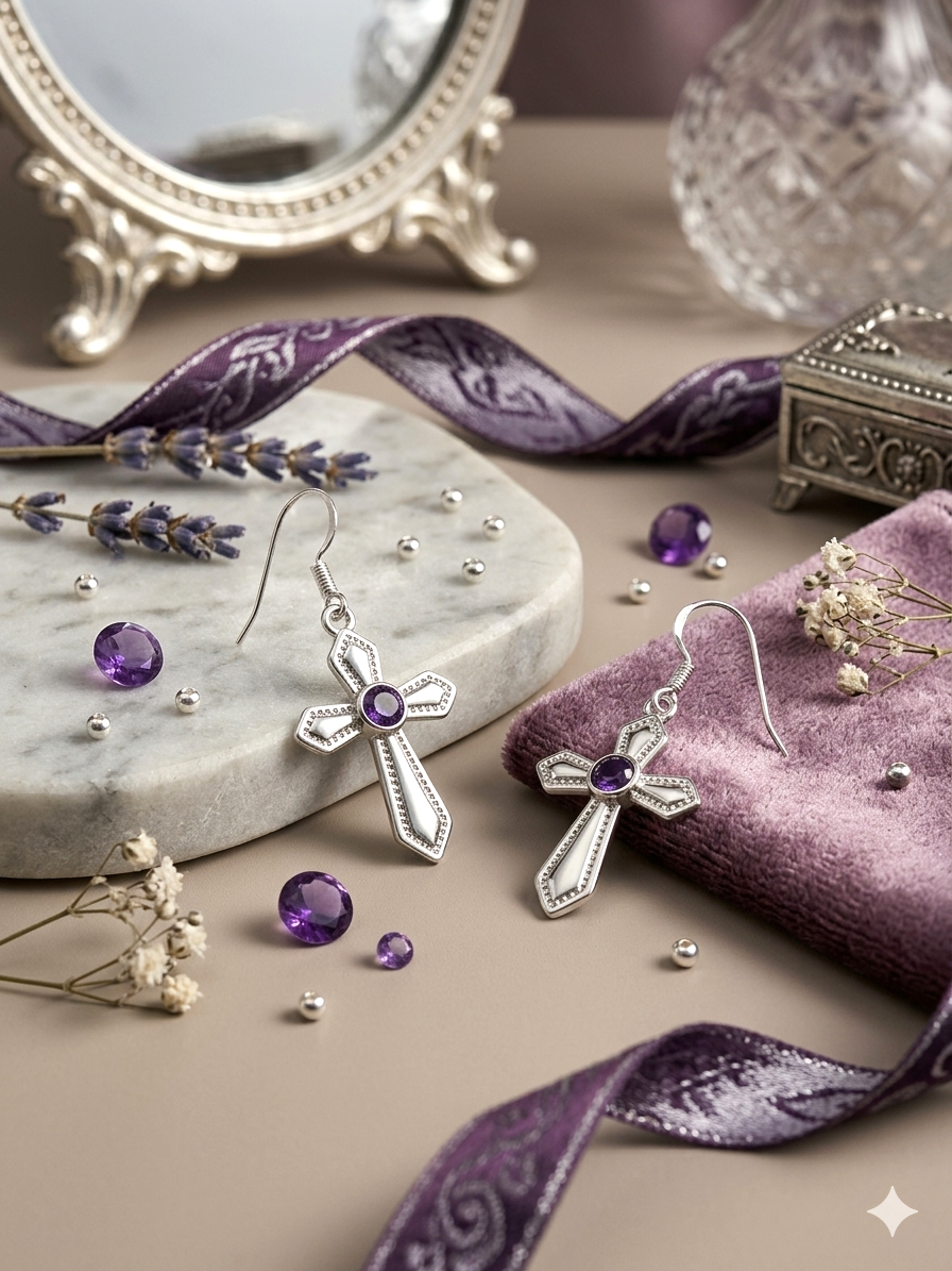 Royalty Purple Rhinestone Silver Cross Earrings (faith-based)