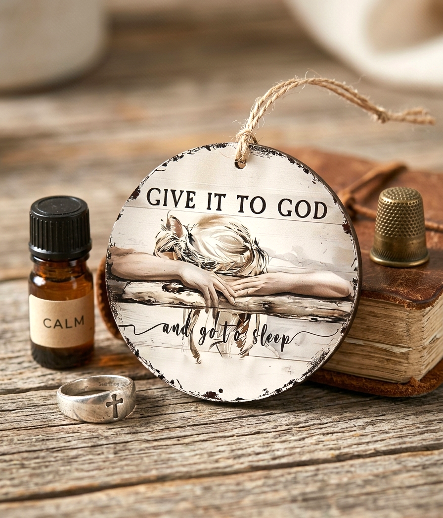 Faith-Based "Give It to God" Tiny Round Wood Hanging Sign-3"
