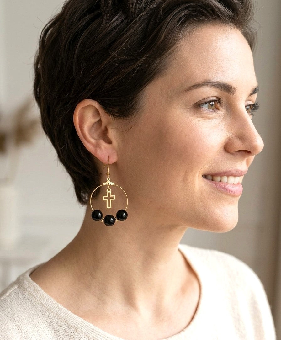 Handmade Faith-Based Gold Hoop Earrings with Black Beads & Cross Dangle