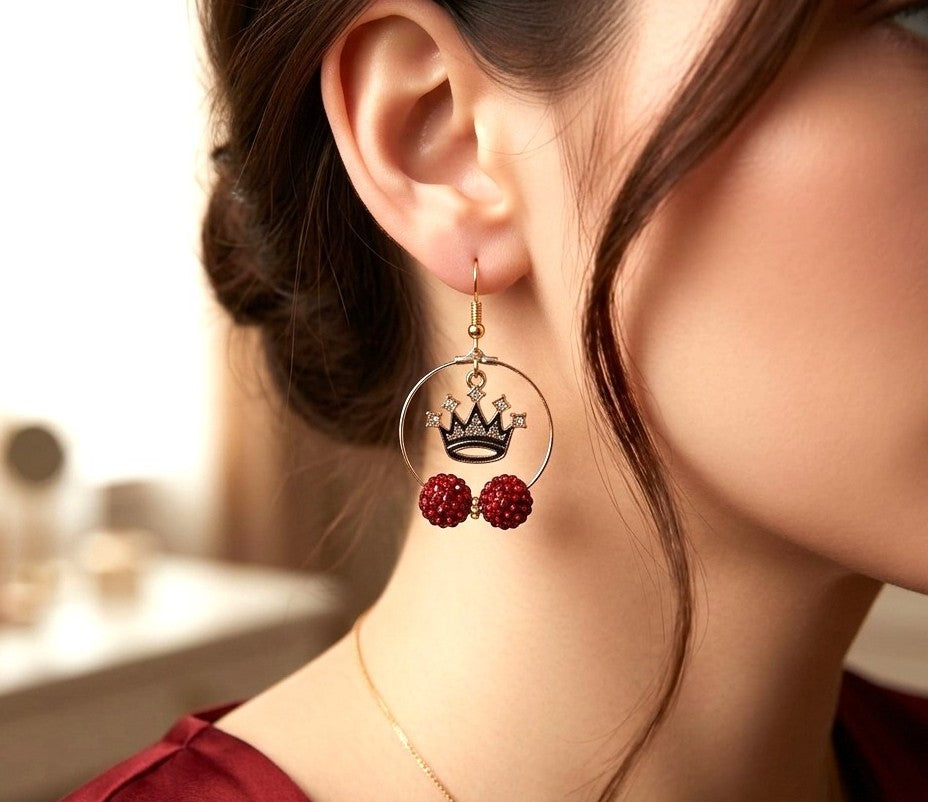 Handmade Faith-Based Gold Hoop Earrings with Glittery Red Beads & Crown Dangle
