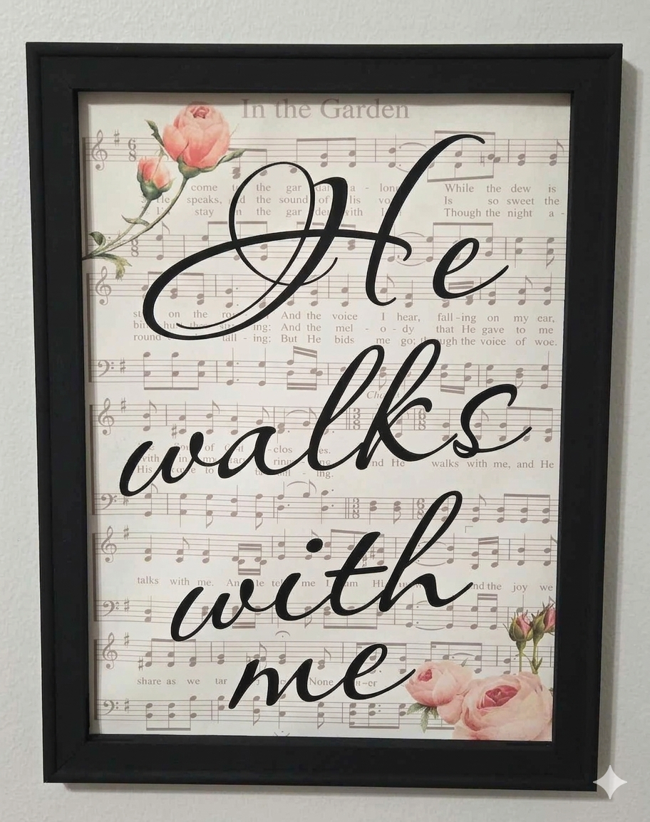 "He Walks with Me" 16”x12” Framed Hymn Wall Art – "In the Garden"