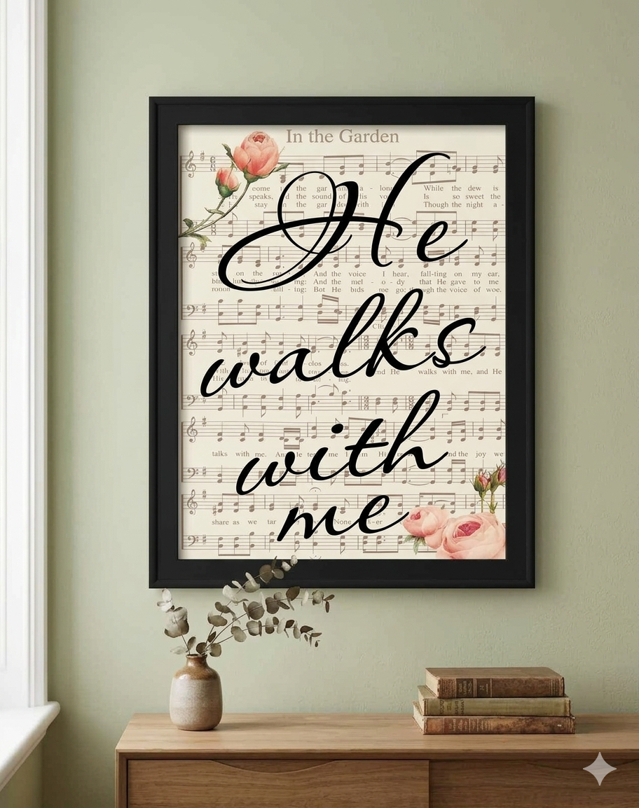 "He Walks with Me" 16”x12” Framed Hymn Wall Art – "In the Garden"