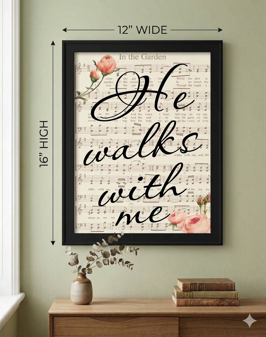 "He Walks with Me" 16”x12” Framed Hymn Wall Art – "In the Garden"