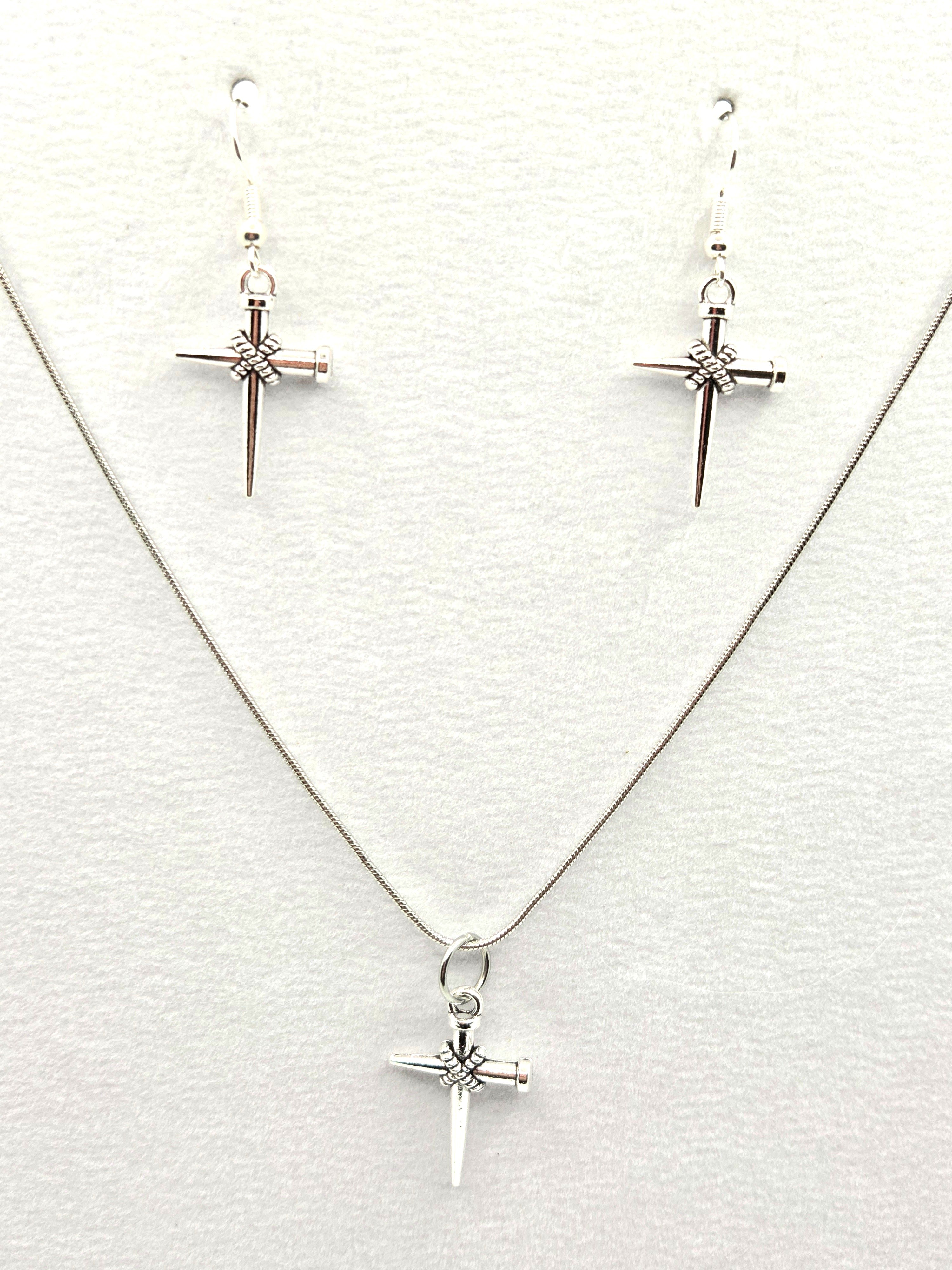 JUST FOR FUN BUNDLE:  Vintage Cross With Nails Necklace & Earrings Set (Faith-based)