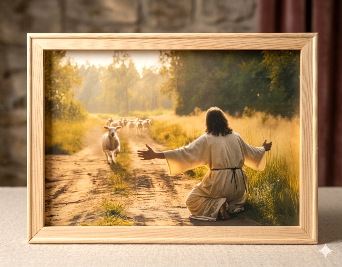 Faith-Based Framed Canvas Art - "His Sheep Know His Voice" (16"x12")
