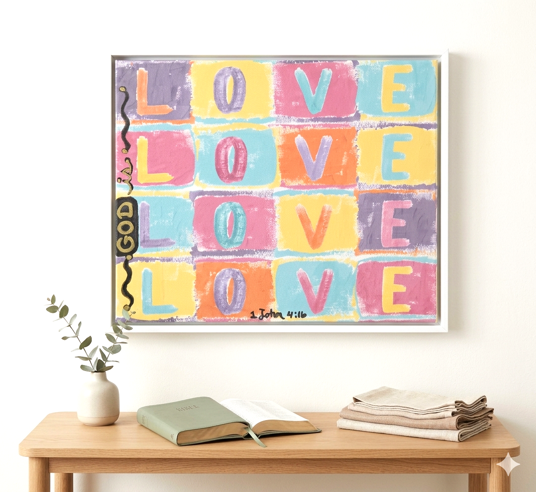 Faith-Based: "God Is Love" Abstract Canvas Art – 1 John 4:16 (12"x10")