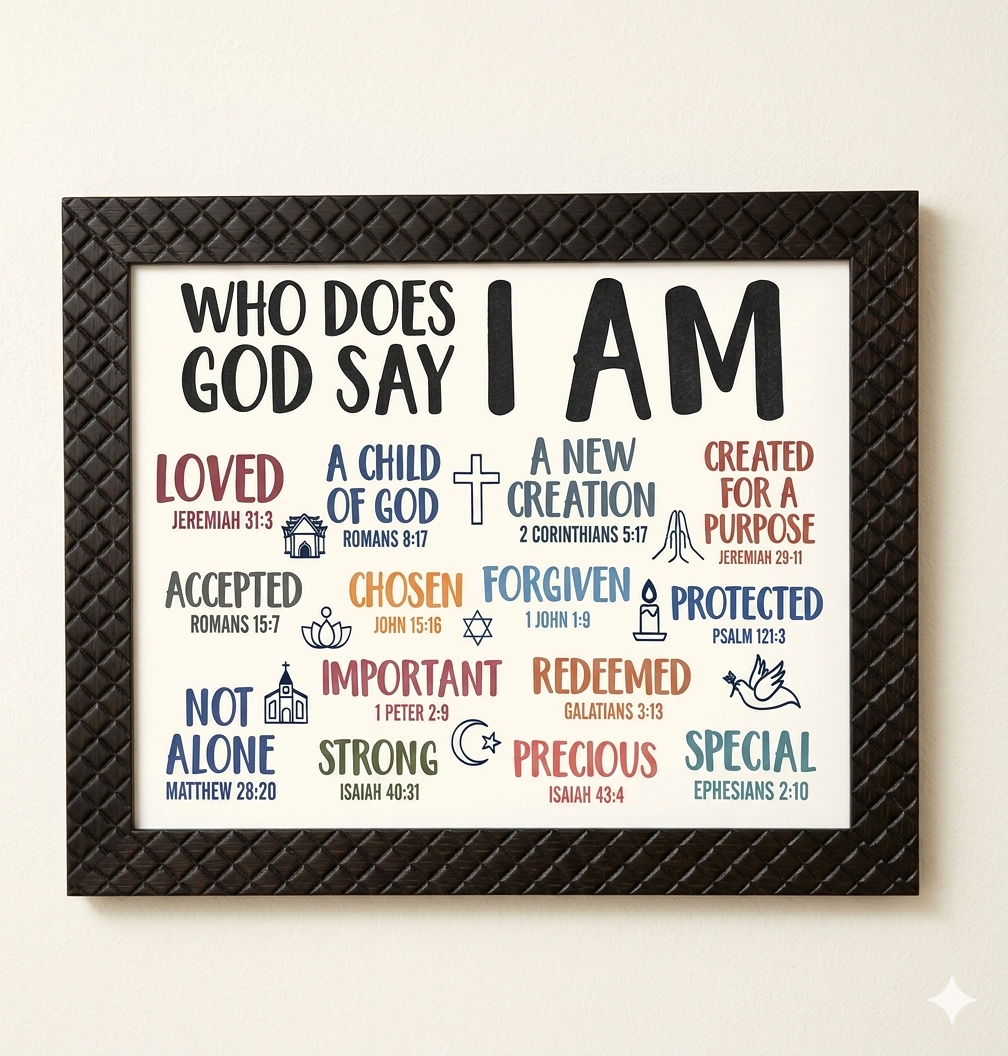 Who Does God Say I Am? Framed Canvas 11"x9" Decor – Divine Drop Collection