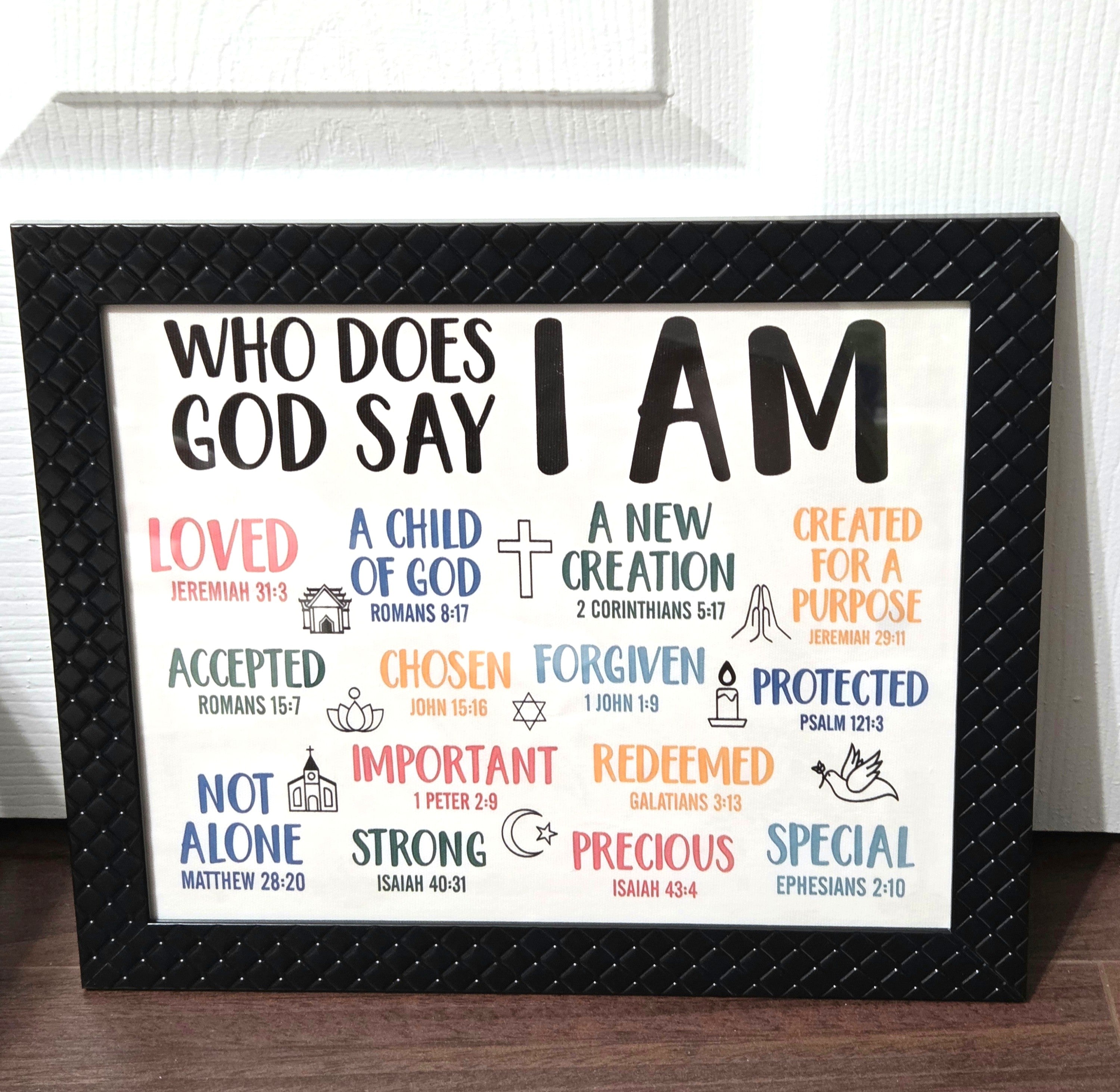 Who Does God Say I Am? Framed Canvas 11"x9" Decor – Divine Drop Collection