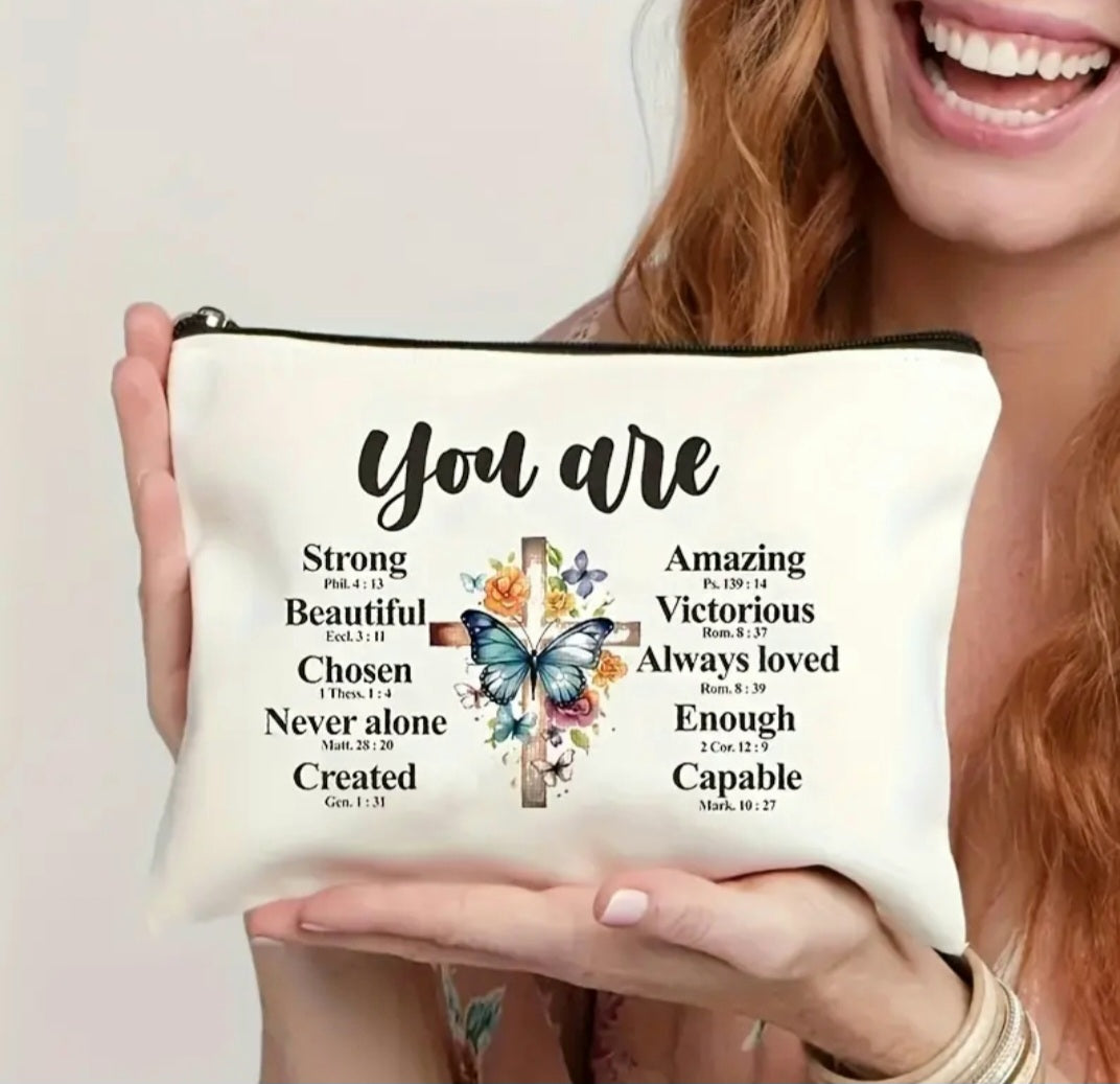 "You Are" Identity & Scripture Linen-Style Cosmetic Pouch