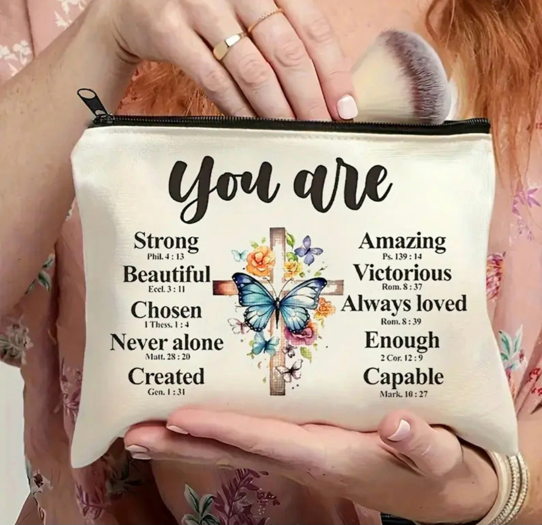 "You Are" Identity & Scripture Linen-Style Cosmetic Pouch